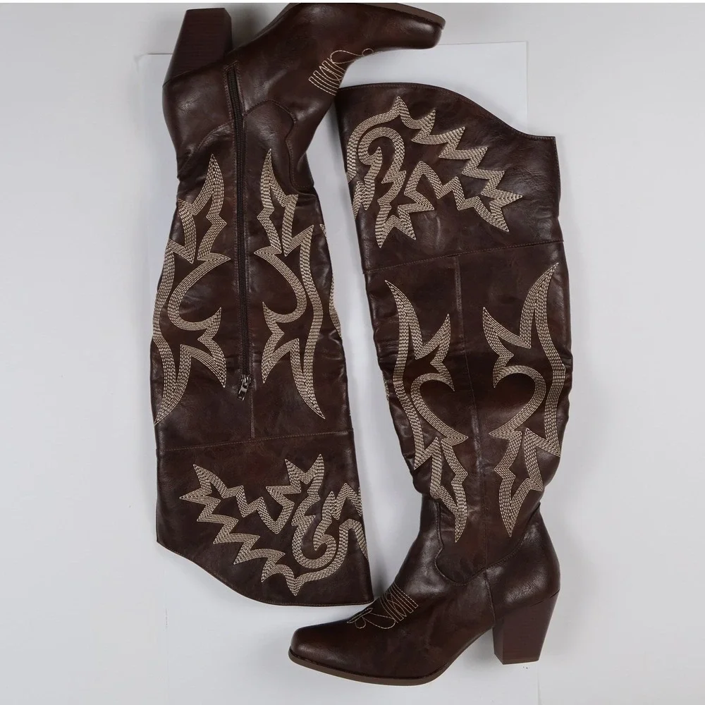 Unbranded Western Over The Knee Boots Brown Embroidered Size 43 NEW